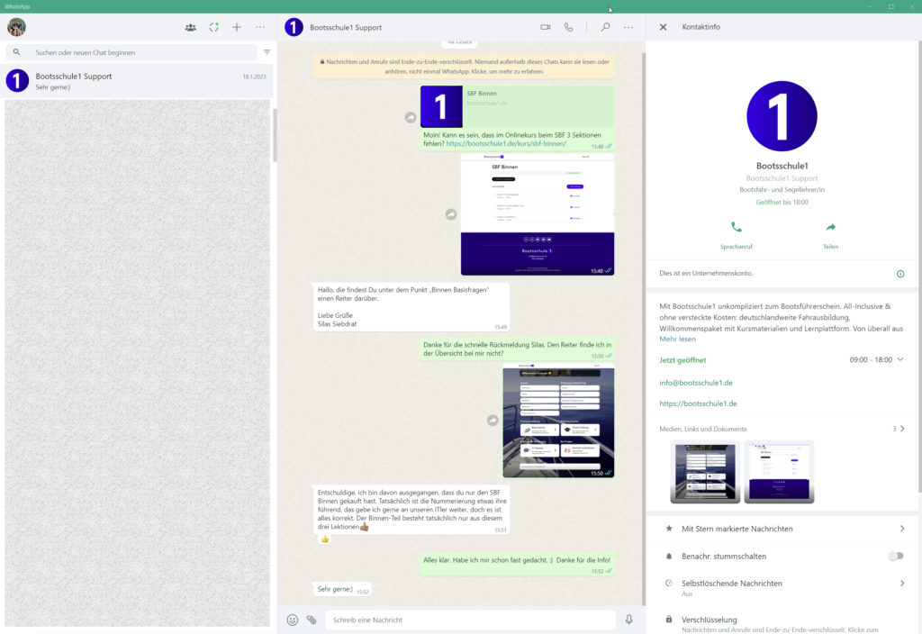 Schneller Support per Whatsapp bei Bootsschule1