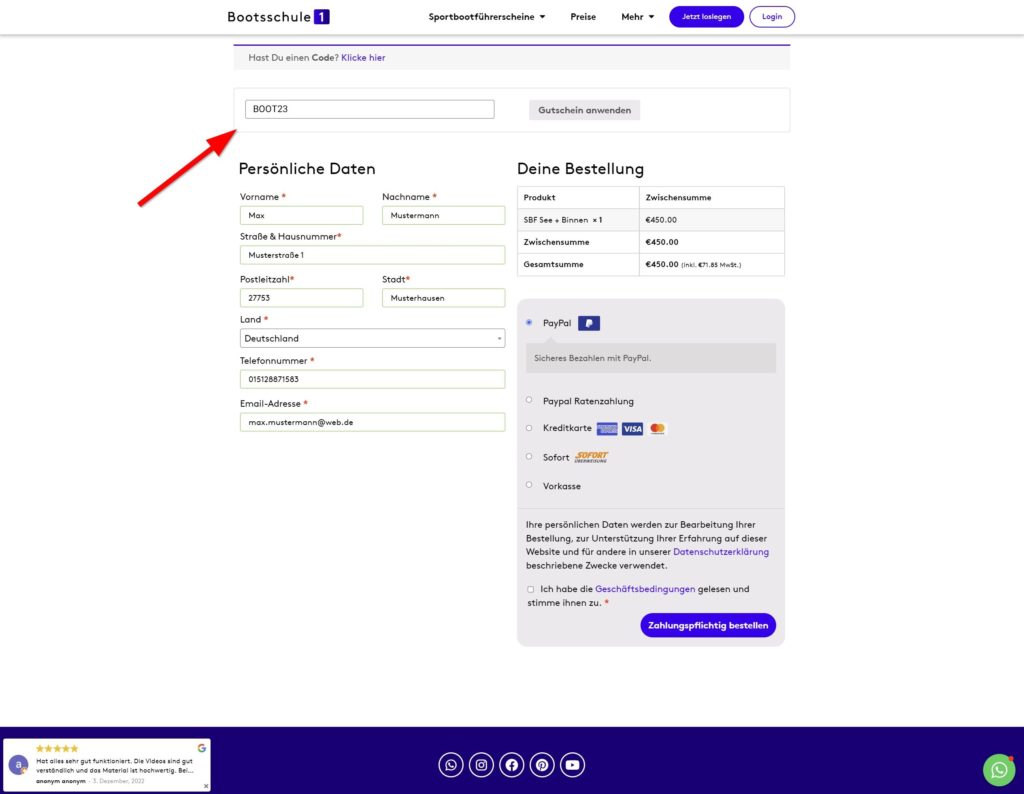 Bootsschule1 Gutscheincode einlösen: Gutscheincode eingeben