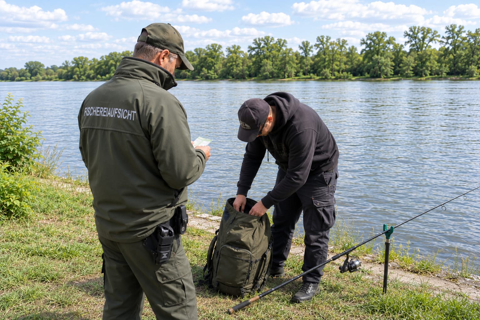 Fischereiaufseher kontrolliert am Flussufer die Papiere eines Anglers, der seinen Rucksack öffnet