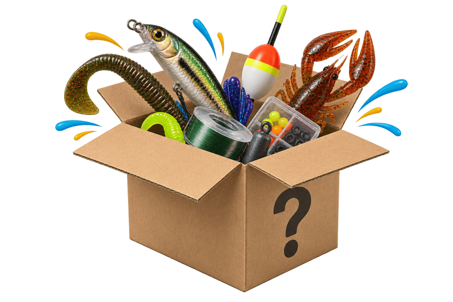 Überraschungsbox voller Angelköder: Wobbler, Gummifische, Pose, Schnur und Kleinteile